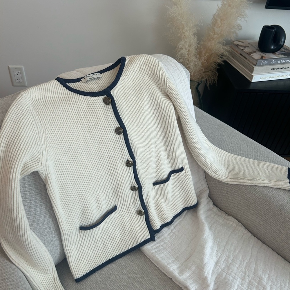 Moon River Cream ribbed cotton Cardigan with Navy Trim gold button old money